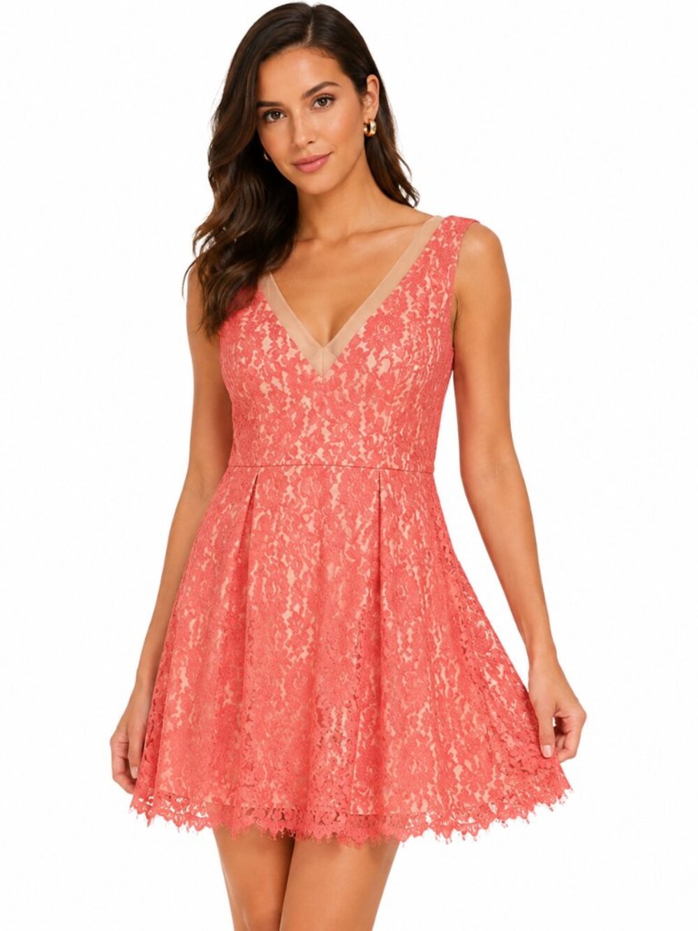 Eliza J Coral Lace A-Line Midi Dress | Sleeveless V-Neck Cocktail Party Dress |